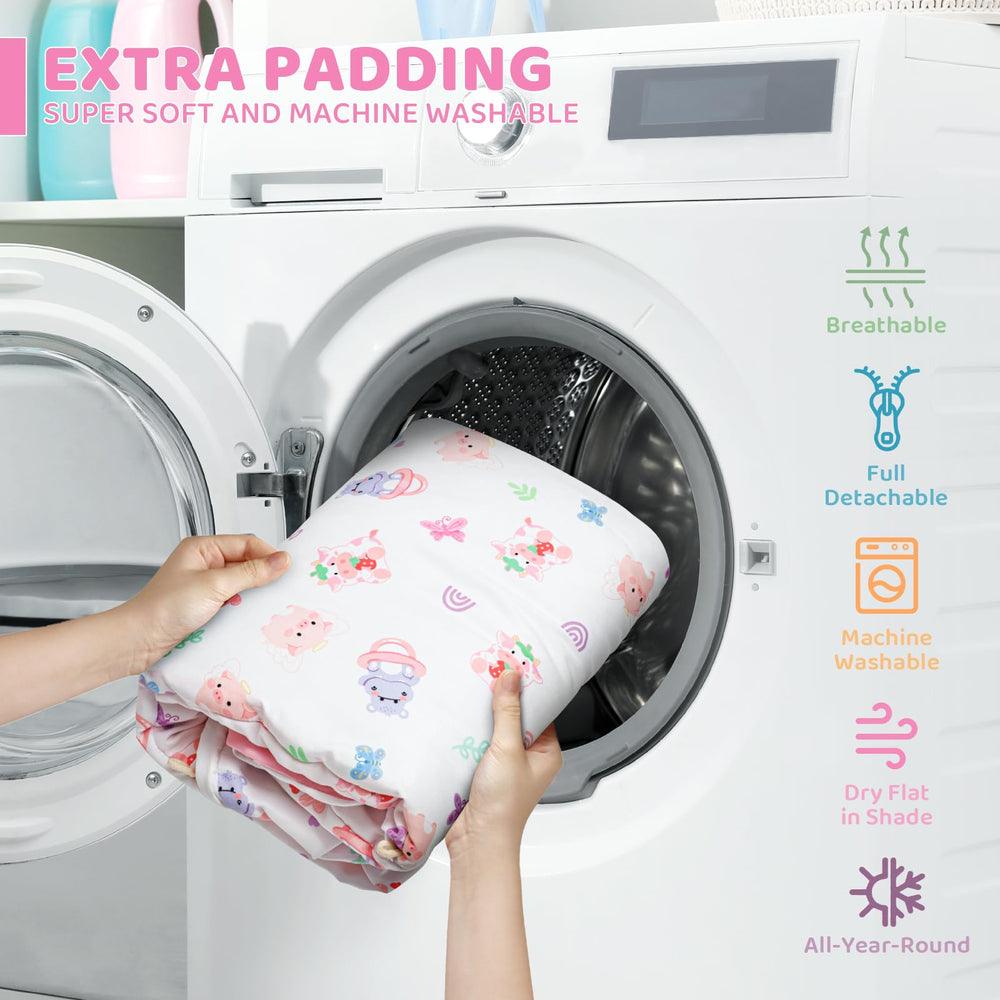 Jyusmile pink play mat fabric is machine-washable for easy cleanup.