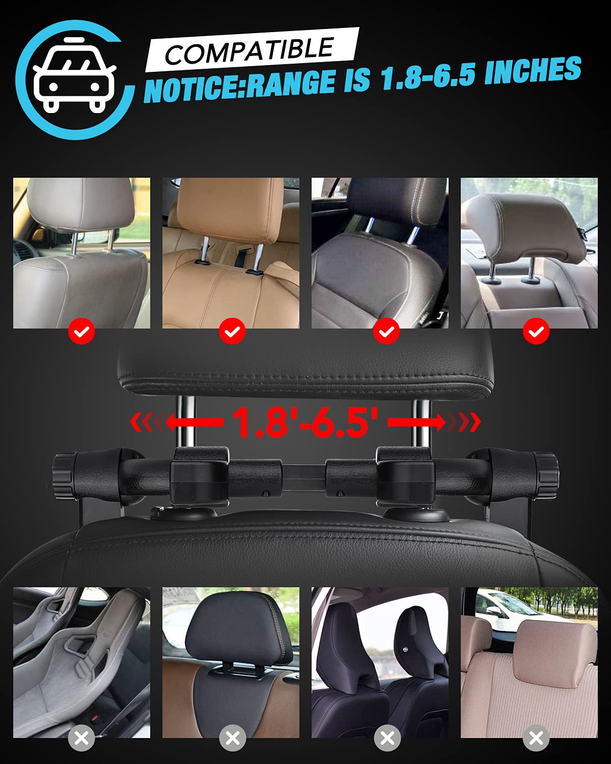 JZCreater headrest pillow shows pole-distance compatibility for select cars.
