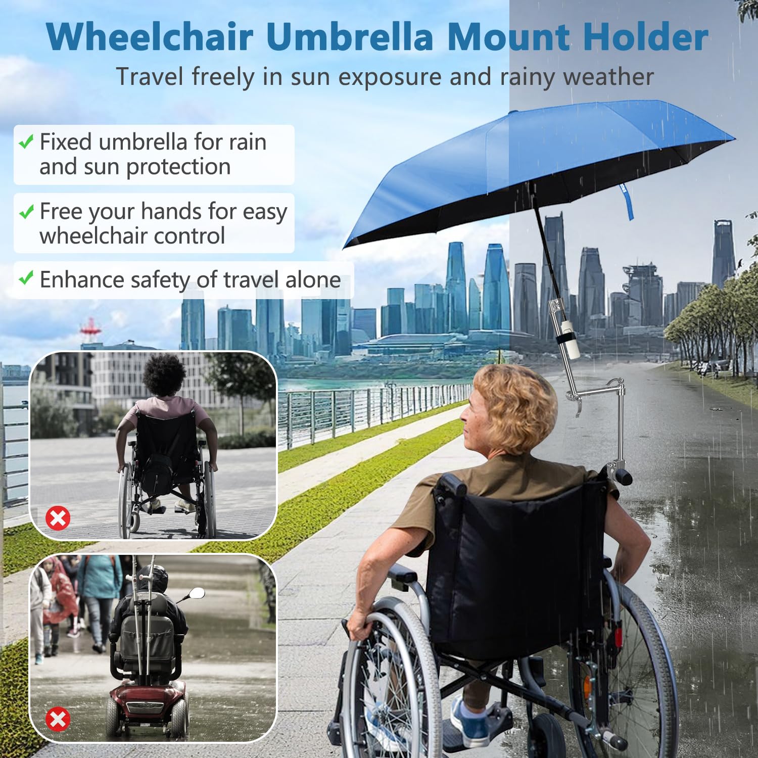 KAAMOS wheelchair umbrella mount frame offers sturdy wind and rain protection
