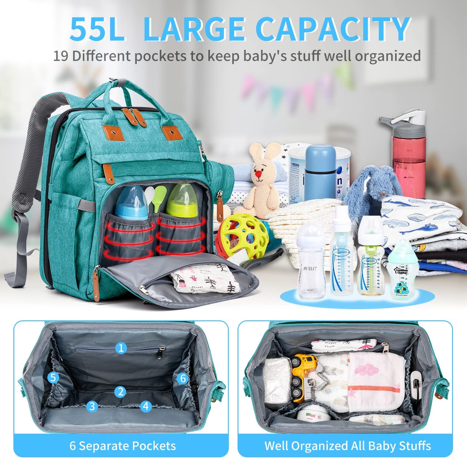 KABAQOO lake blue diaper bag with insulated bottle pockets for on-the-go feeding.