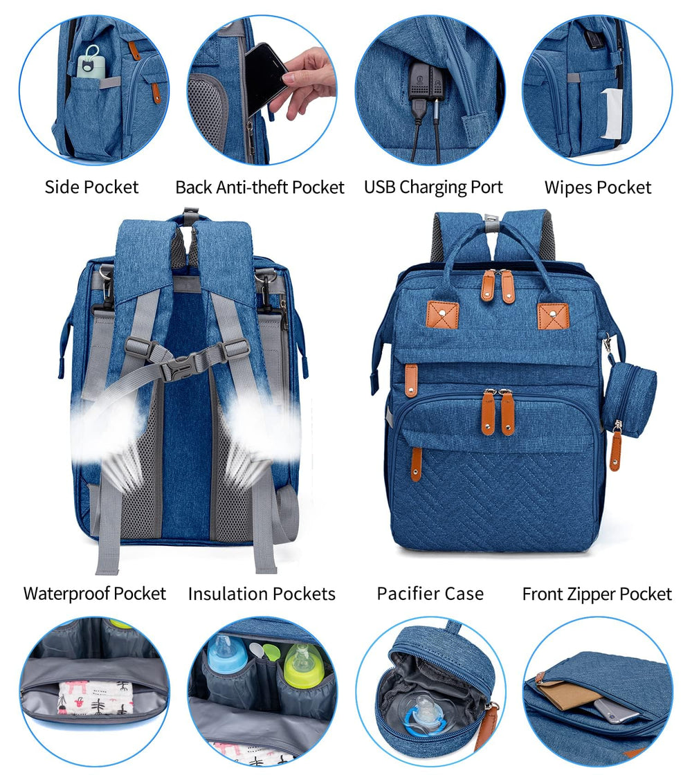 Detachable changing station on KABAQOO blue backpack offers on-the-go diaper changes.