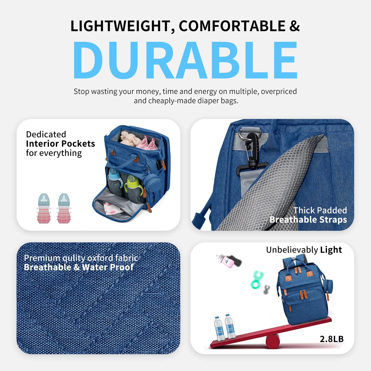 Stroller straps on KABAQOO blue bag enable hands-free trips.