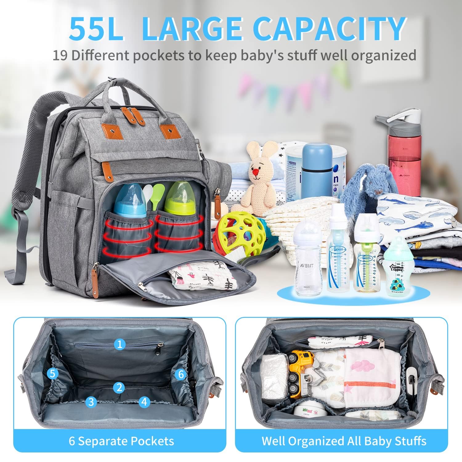 KABAQOO bag with insulated bottle pockets keeps bottles at the right temperature.