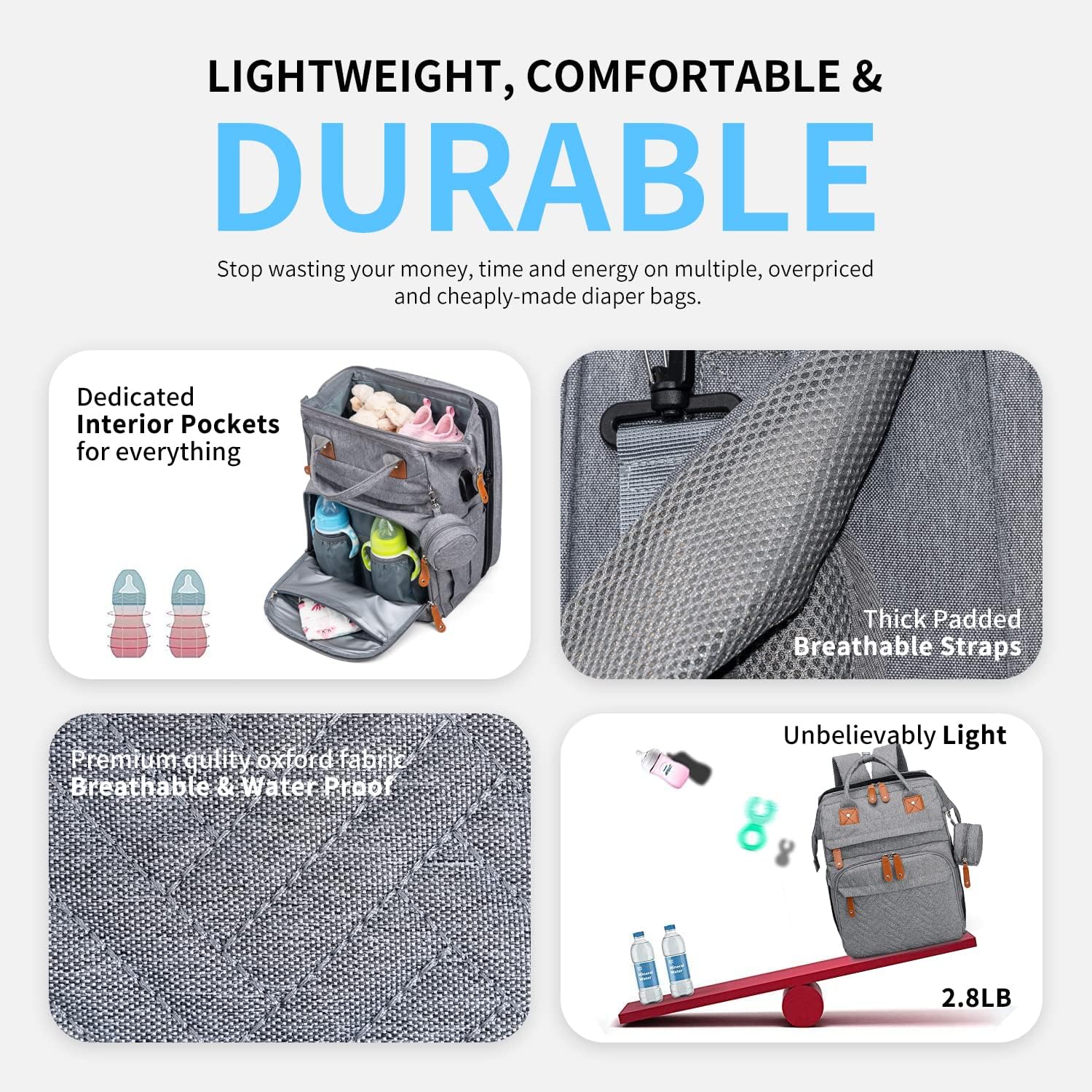 KABAQOO bag attached to a stroller with included straps for hands-free use.