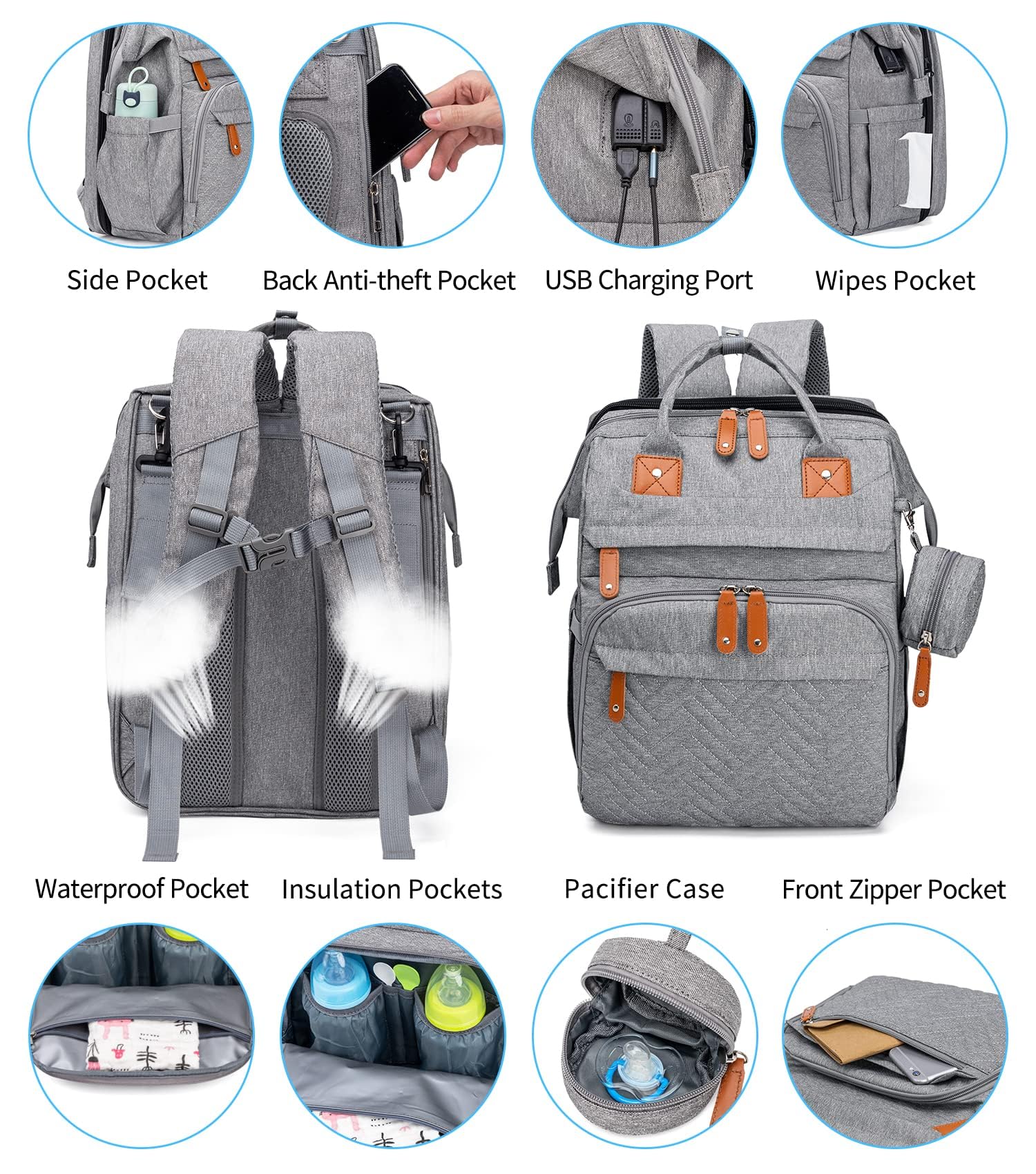 KABAQOO backpack includes USB port for charging devices during travel.