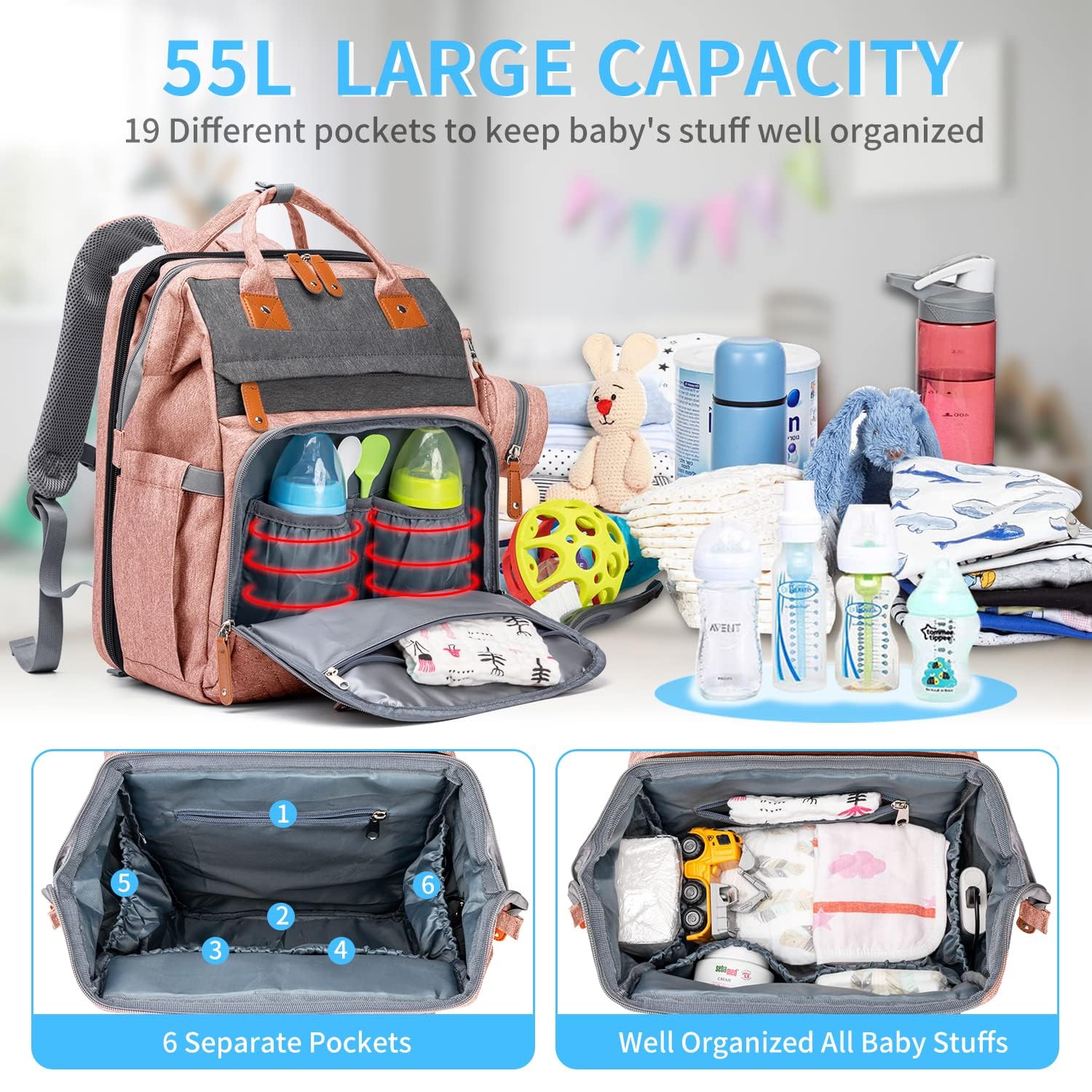 KABAQOO large-capacity diaper bag highlights 19 pockets for organized essentials.
