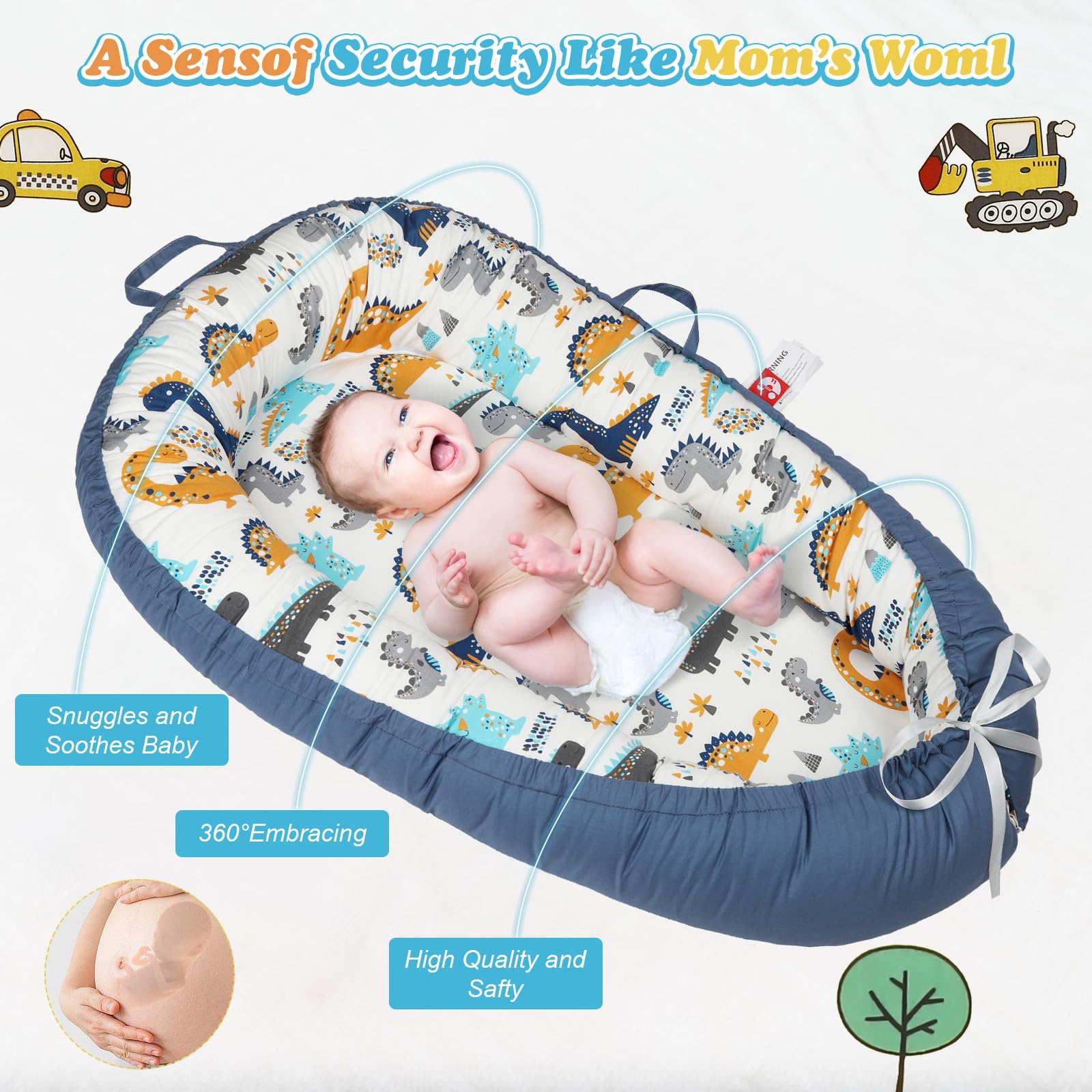 Kabirili baby lounger showing adjustable sizing for growing infants.