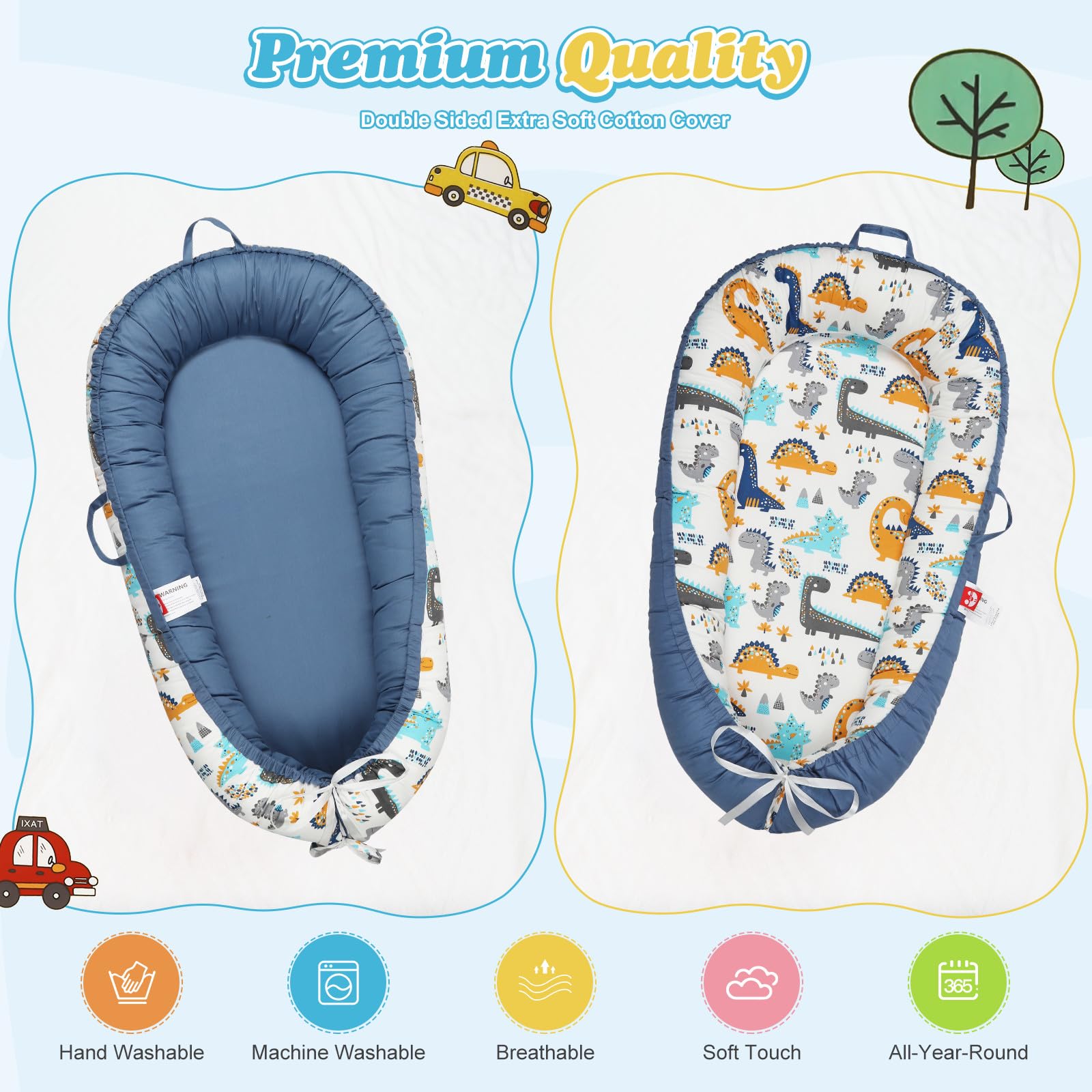 Kabirili baby lounger with carry handles for travel-friendly use.