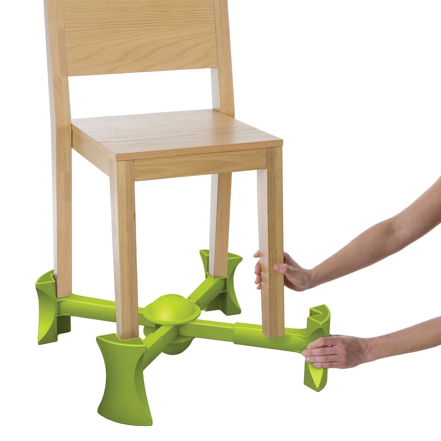 KABOOST booster seat green attached to chair for quick, secure seating