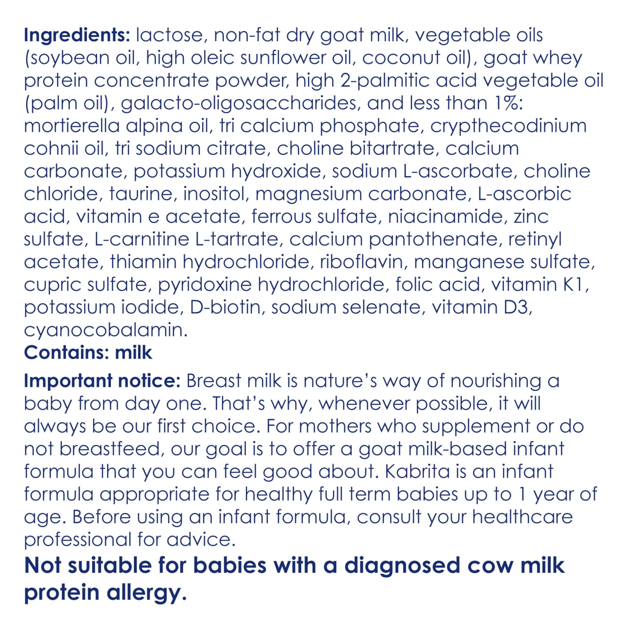 Kabrita goat milk formula label close-up highlights iron and DHA.