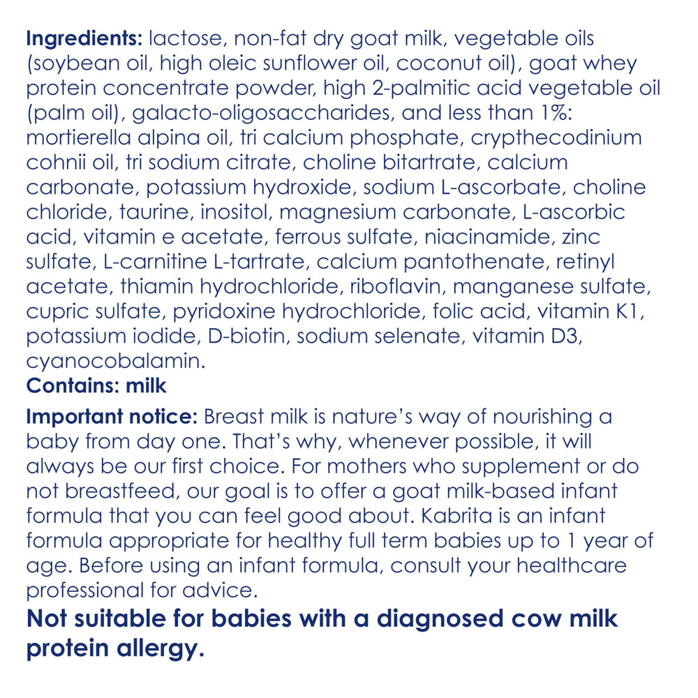 Kabrita goat milk formula label close-up highlights iron and DHA.