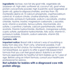 Kabrita goat milk formula label close-up highlights iron and DHA.
