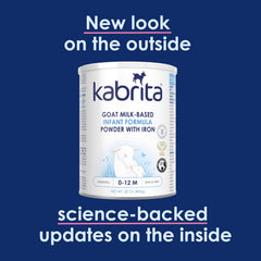 Kabrita goat-milk-formula nutrition panel shows vitamin D and prebiotics.
