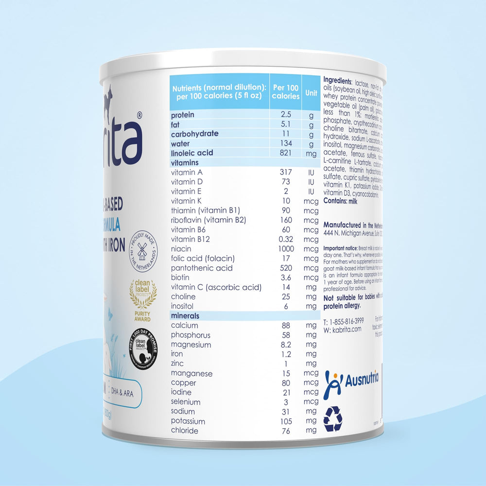 Kabrita goat milk formula powder scoop shows convenient portion control and prep ease.