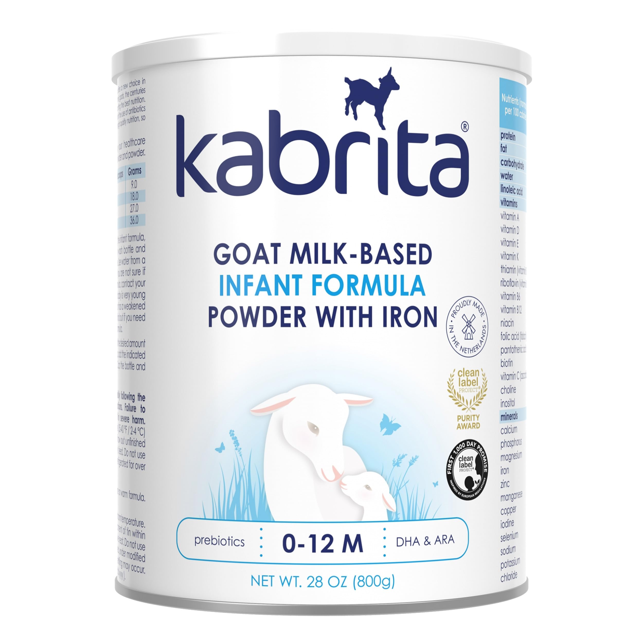 Kabrita goat milk formula powder tin front highlights trusted nutrition and gentle digestion.
