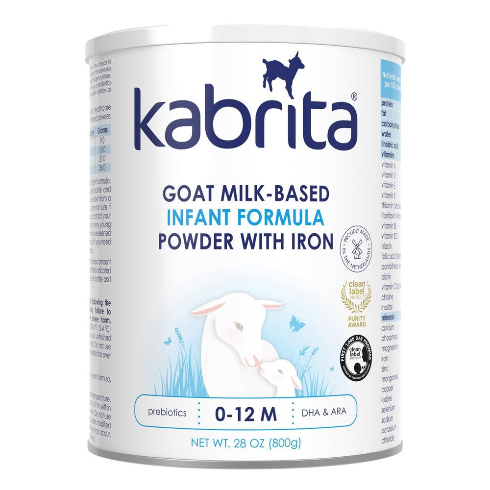Kabrita goat milk formula powder tin front highlights trusted nutrition and gentle digestion.