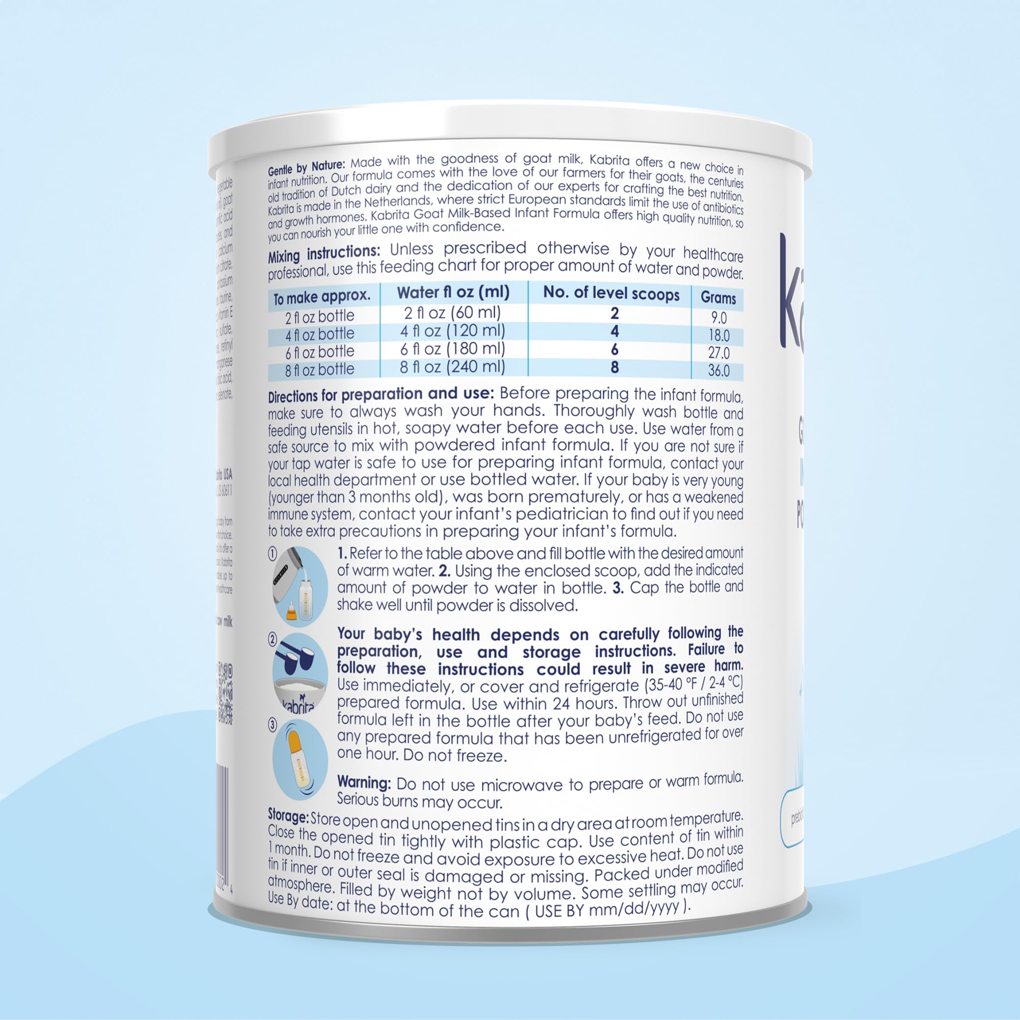 Kabrita goat milk formula ready-mixed milk bottle illustrates versatile infant feeding options.