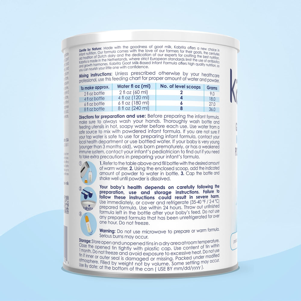 Kabrita goat milk formula ready-mixed milk bottle illustrates versatile infant feeding options.