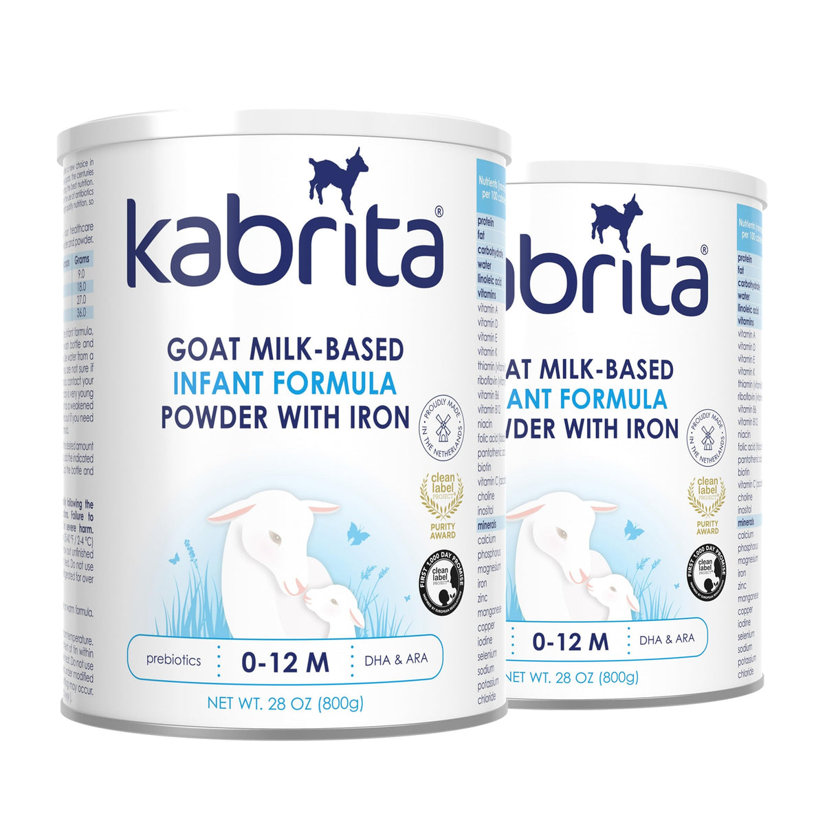 Kabrita goat milk formula tin 2-pack for easy stocking and feeding.
