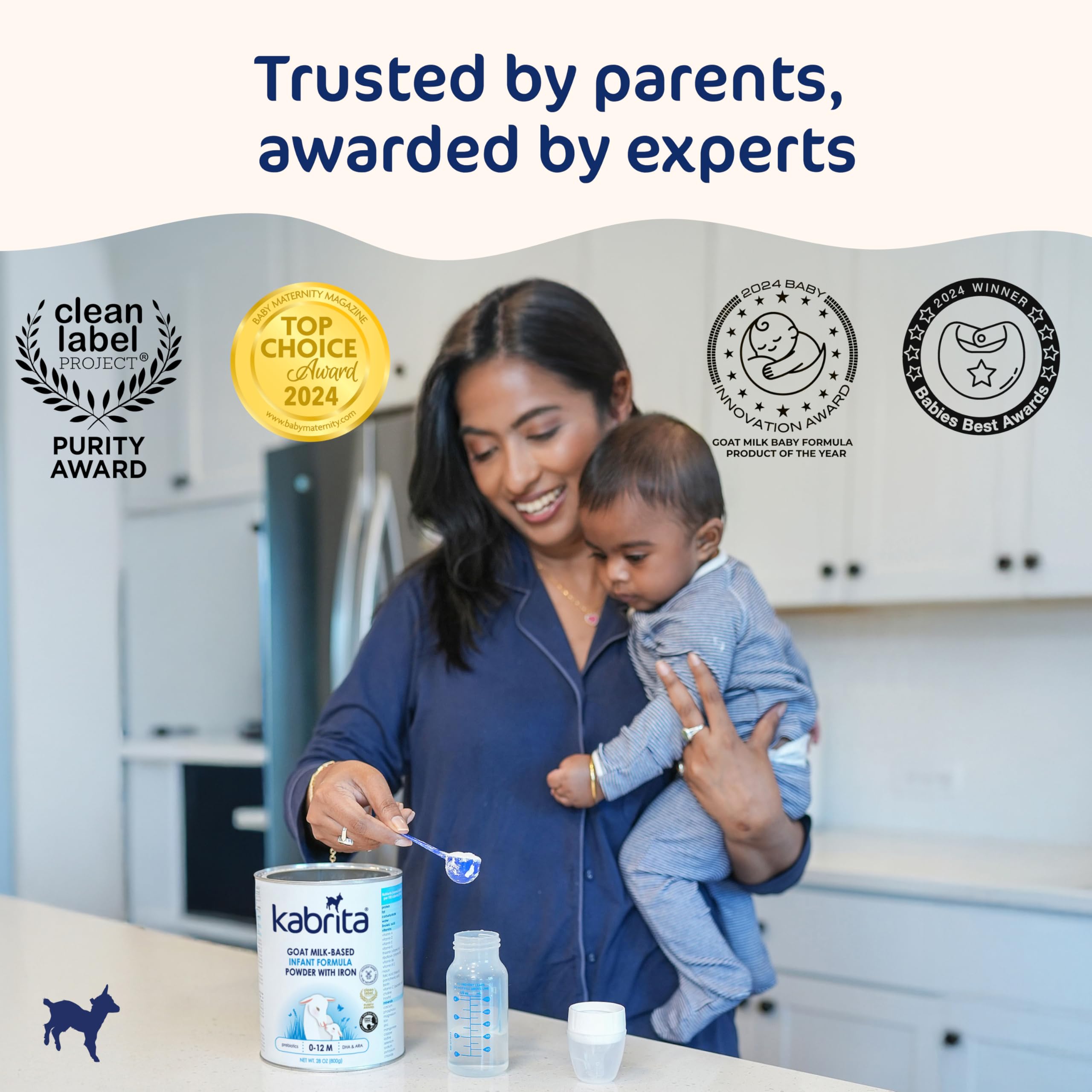 Kabrita goat milk formula tin open close emphasizes high-quality European manufacturing.