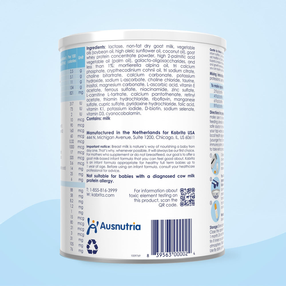 Kabrita goat milk formula tin side view conveys heritage and European craftsmanship.