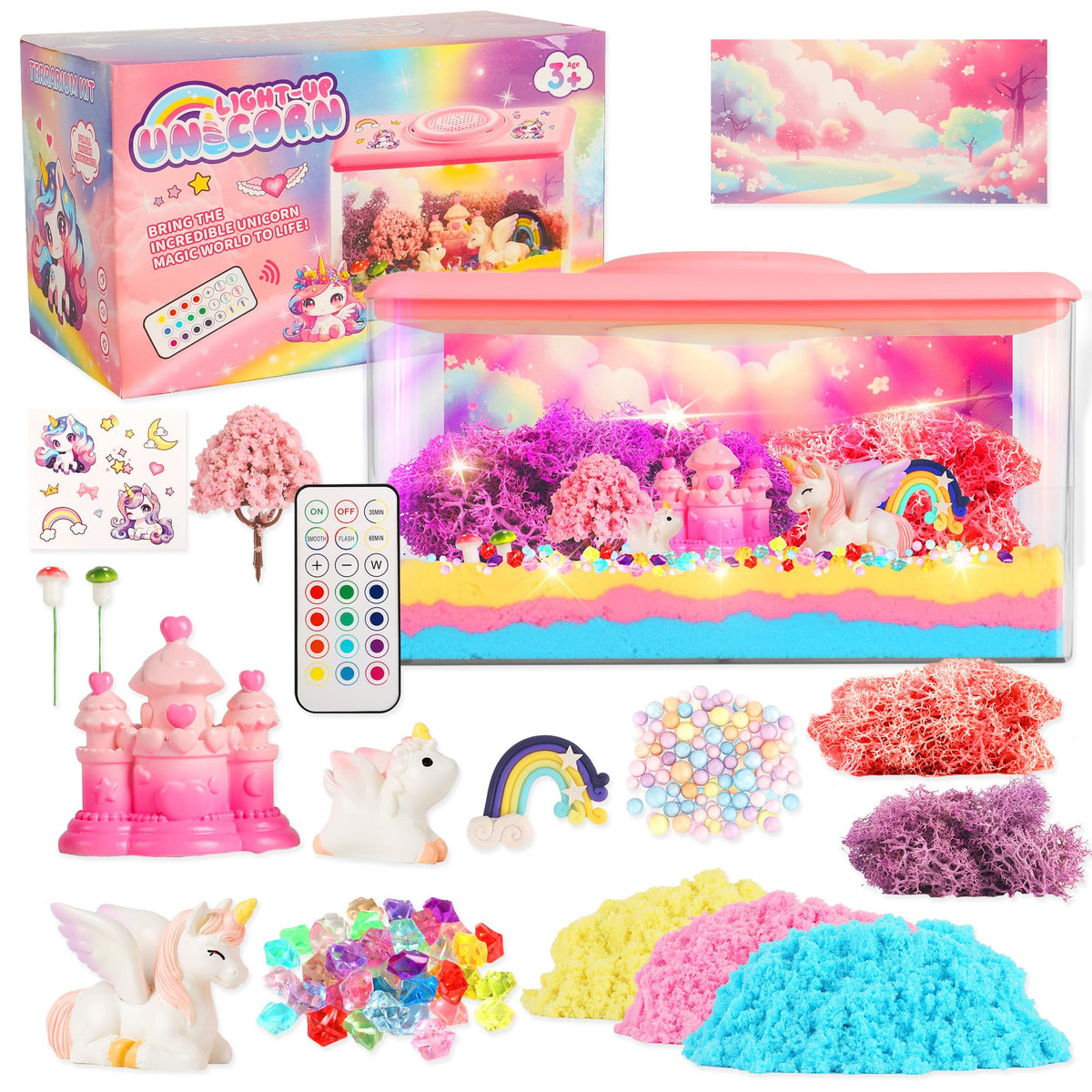 KACHUAN BEAR unicorn light-up terrarium kit packaging with colorful components for imaginative creative play
