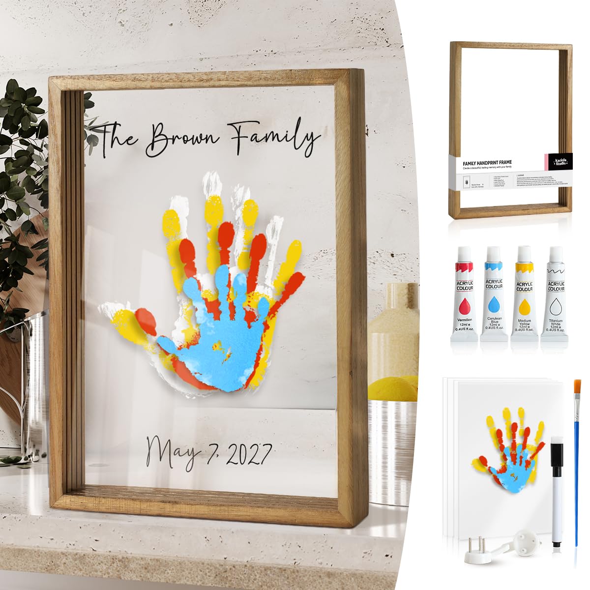 Kaciola Family Handprint Frame Kit setup with frame, paints, and sheets for memories