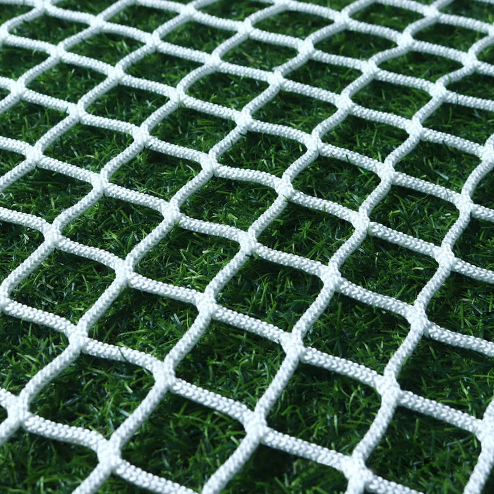 KACQIHTU rope net on a railing provides a kid friendly safety barrier for stairs.