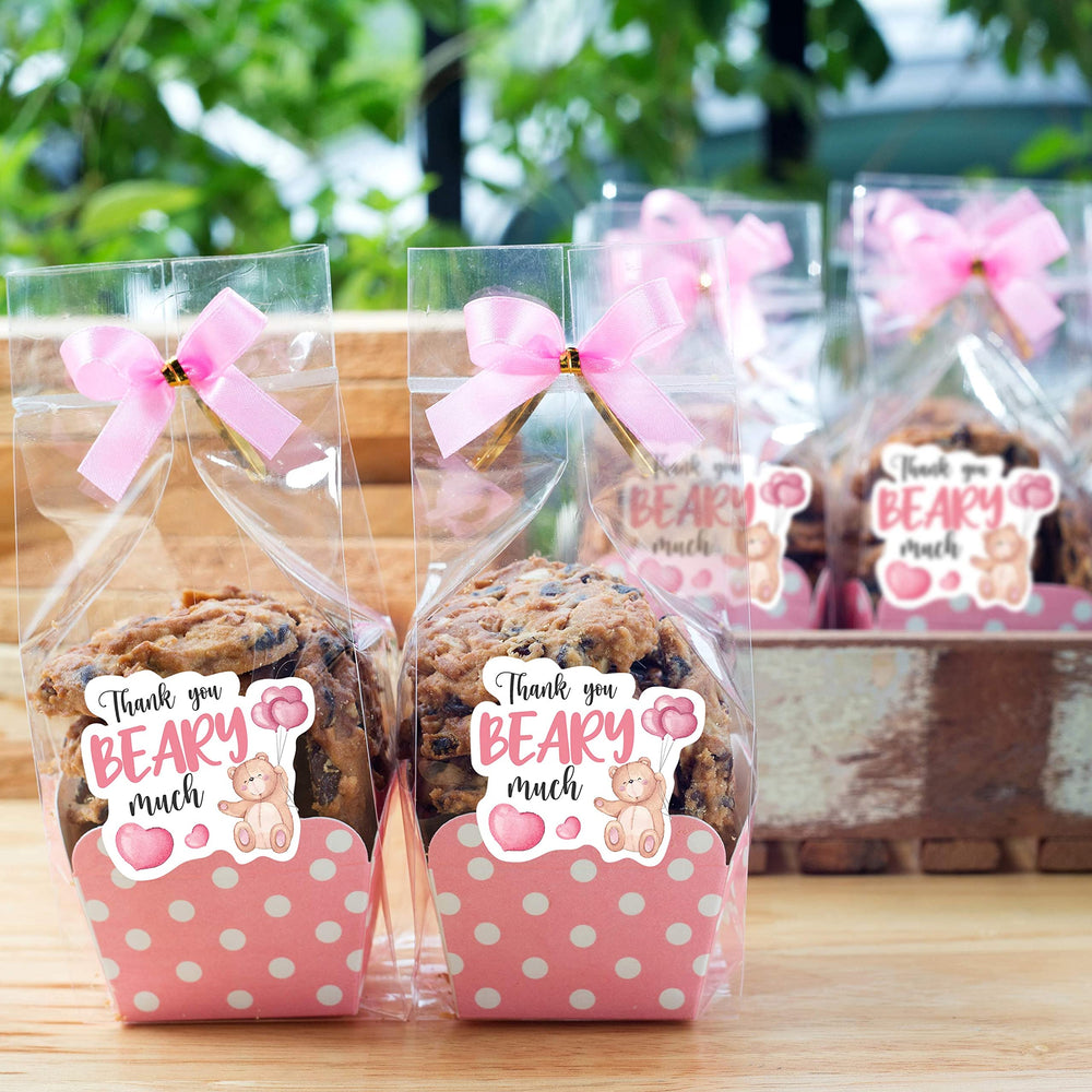 Kaecery pink bear goodie bag stickers for sweet party favors.