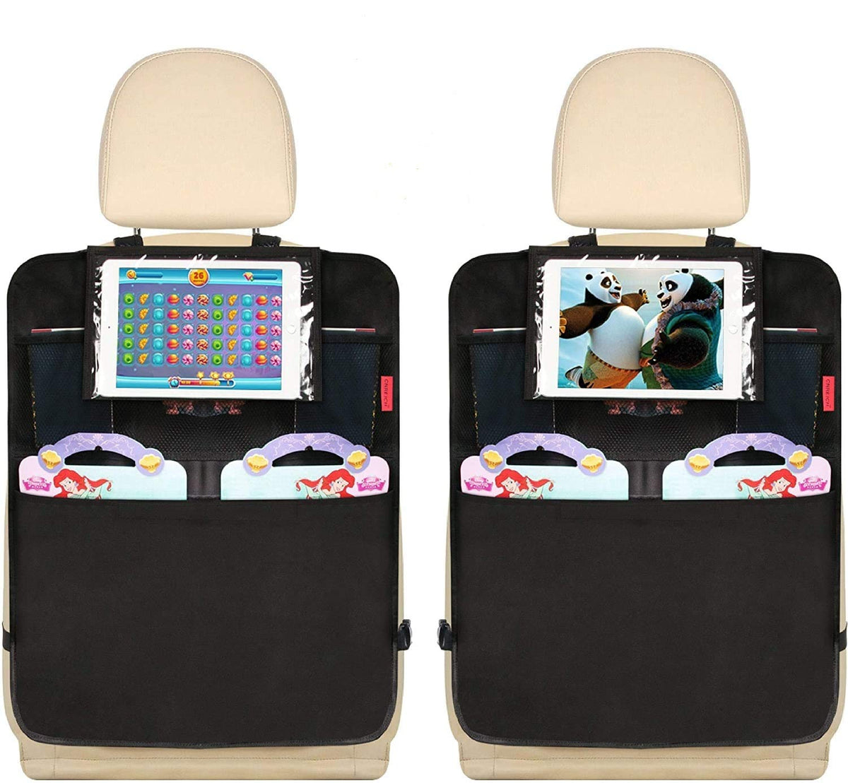Kaiphy car backseat organizer with large pockets keeps toys and snacks within reach.