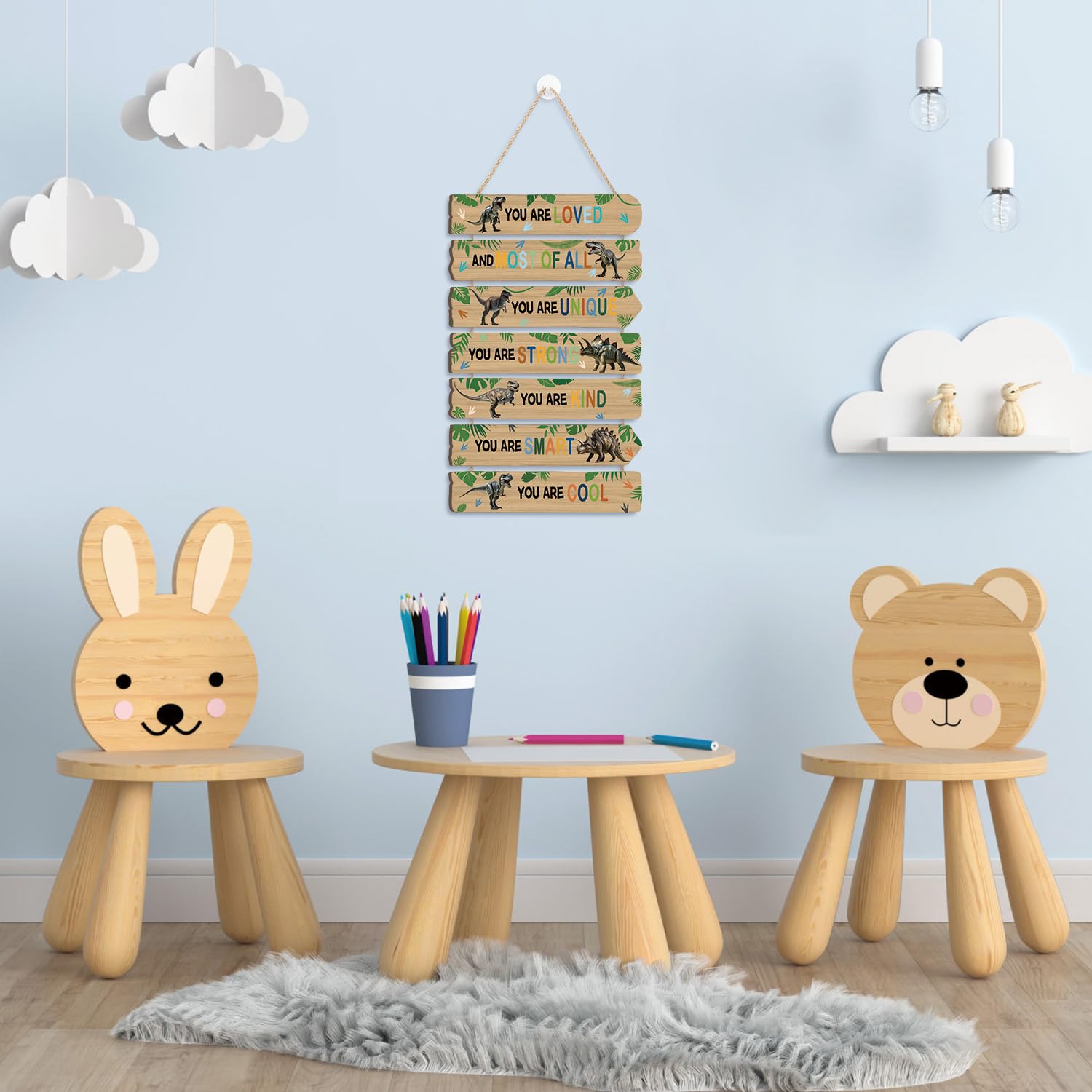 KAIRNE colorful dinosaur decor set enhances bedroom or classroom walls.