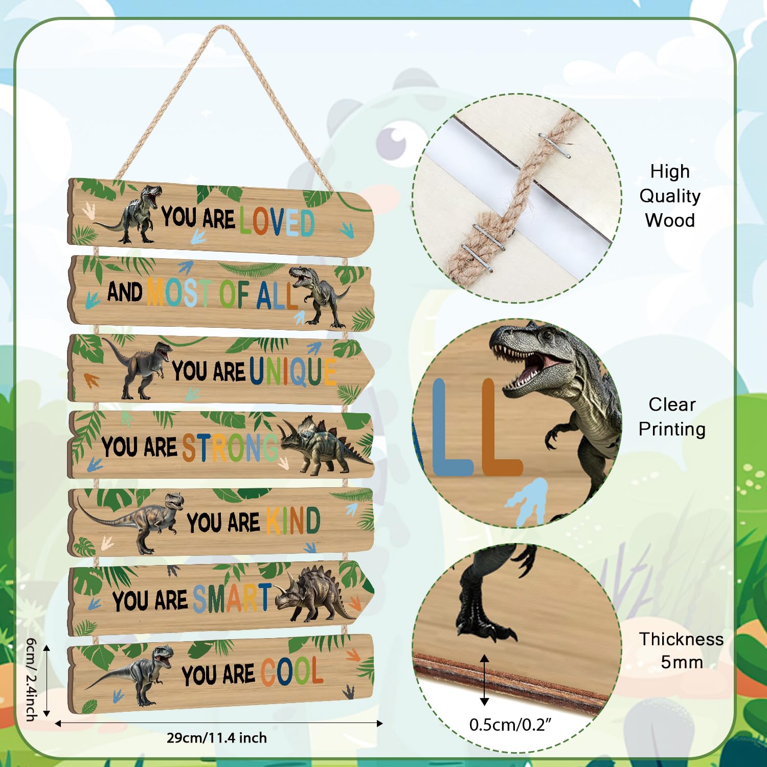 KAIRNE dinosaur wood sign features bold prints for kids' spaces.