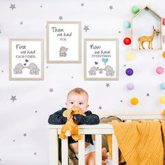 KAIRNE watercolor elephant baby-framed canvas promotes warm family feel in play area