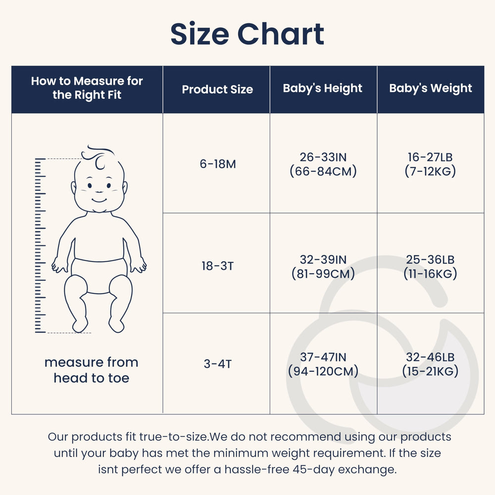 Kaiya Baby size chart for 18-36 months ensures proper fit