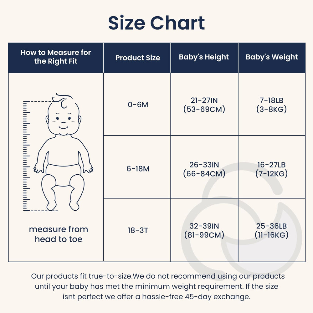 Kaiya Baby size chart display shows S, M, L fits growing toddlers.