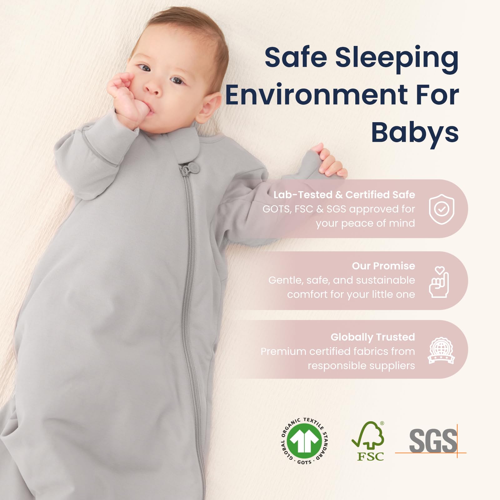 Kaiya Baby sleep sack in crib demonstrates secure fit and movement.
