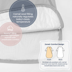 Kaiya Baby sleep sack open zipper enables quick diaper changes.