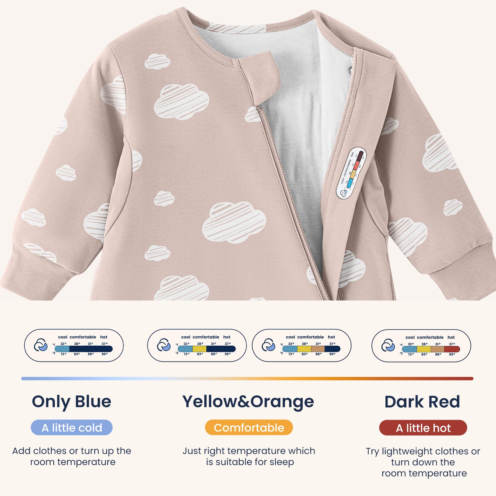 kaiya baby sleep sack size options show S-M-L for growing children.