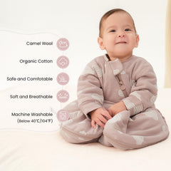 Kaiya Baby sleep sack with sleeves on toddler shows warmth and coverage.