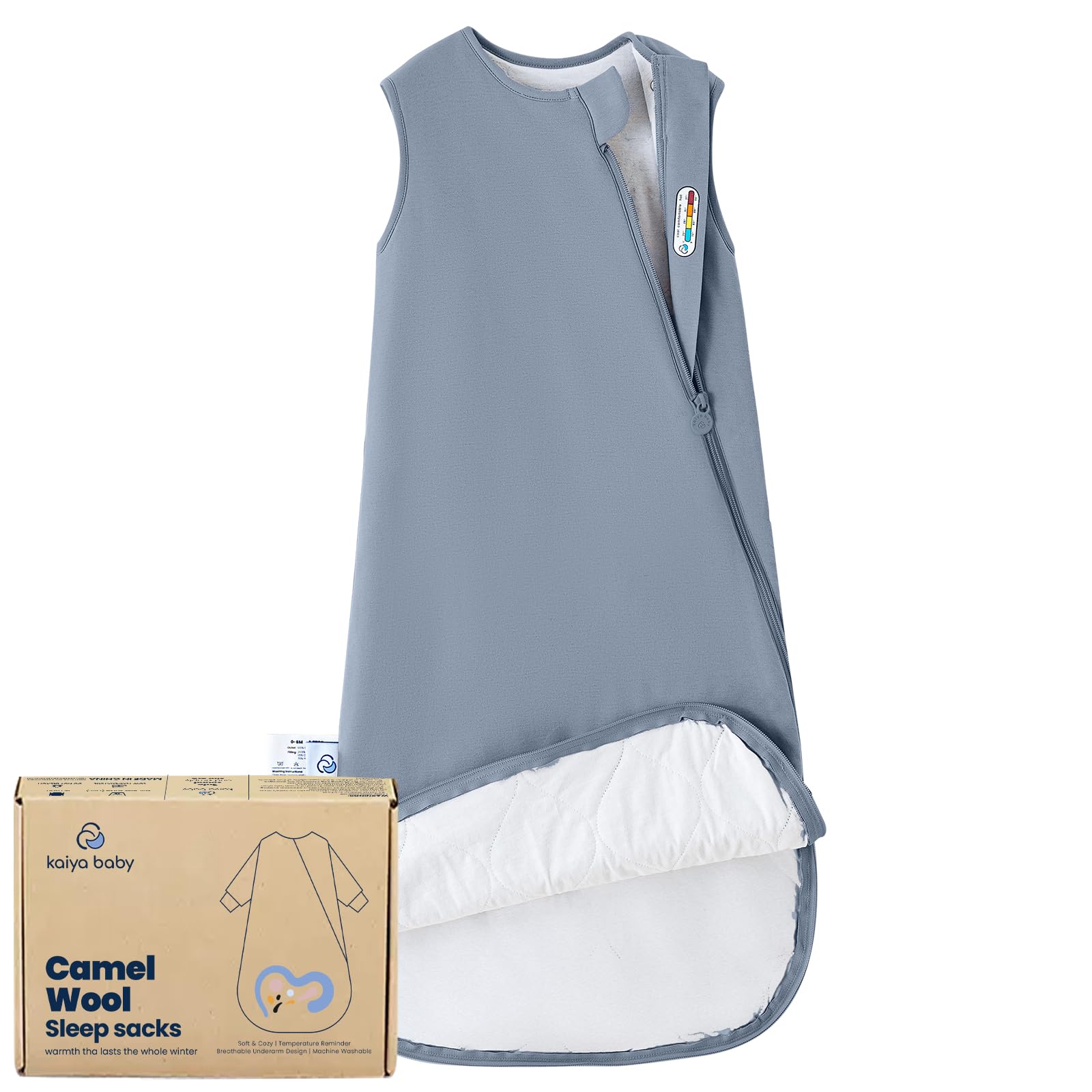 Kaiya Baby sleeping bag 0-6m flatlay, cozy wearable blanket for safe sleep.