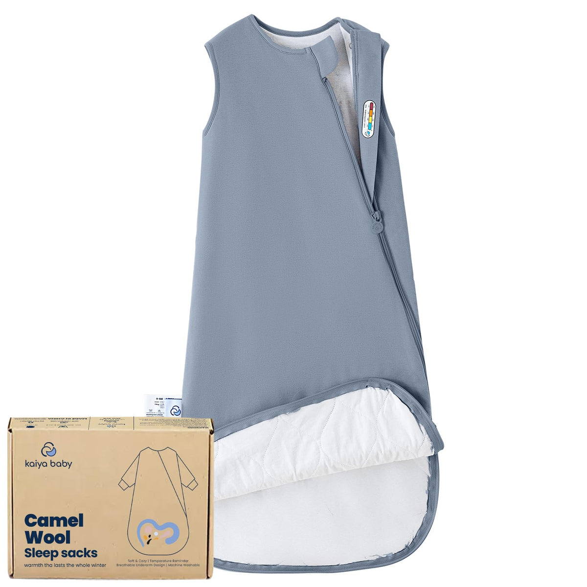 Kaiya Baby sleeping bag 0-6m flatlay, cozy wearable blanket for safe sleep.