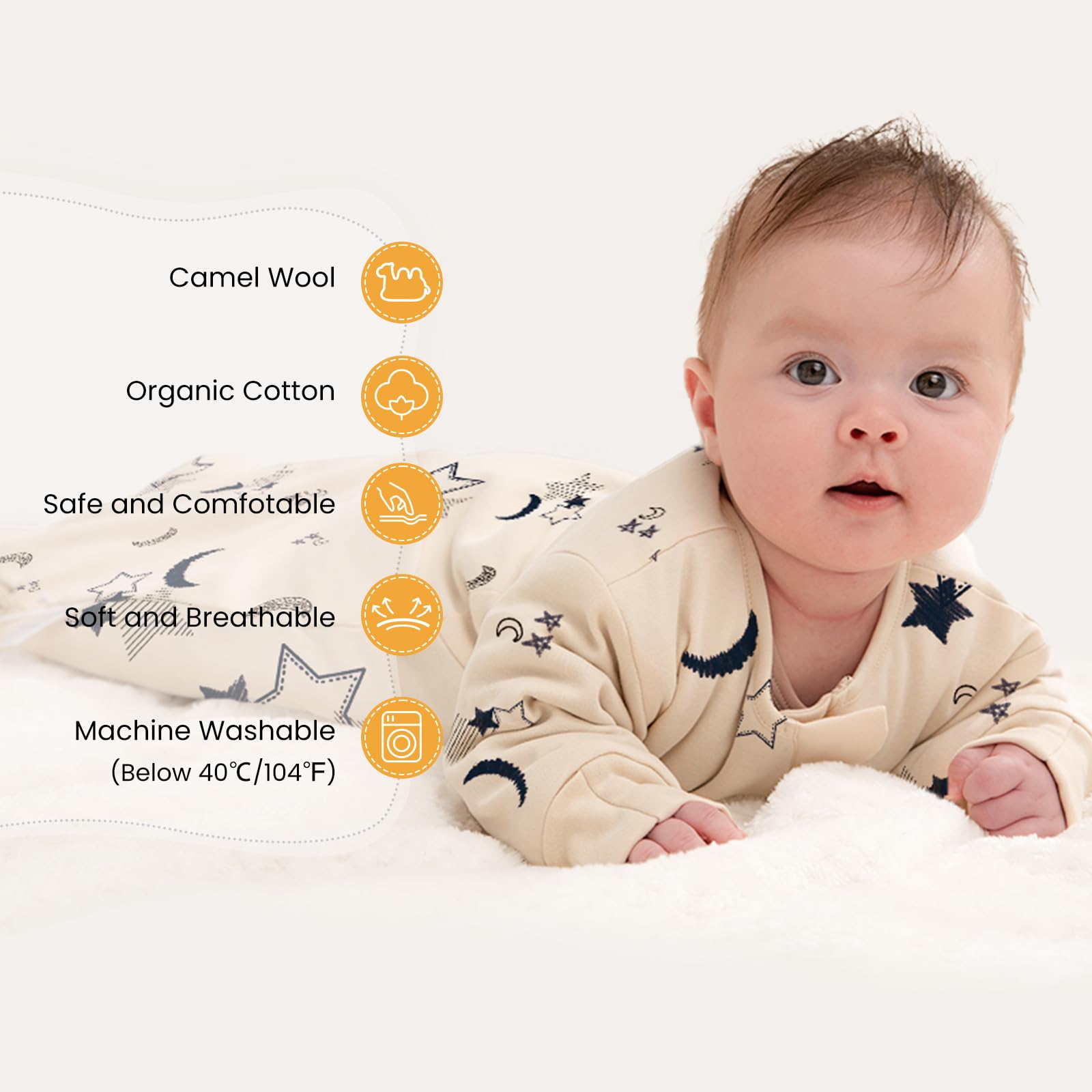 Kaiya Baby sleeping bag back view highlighting breathable fabric for soft skin