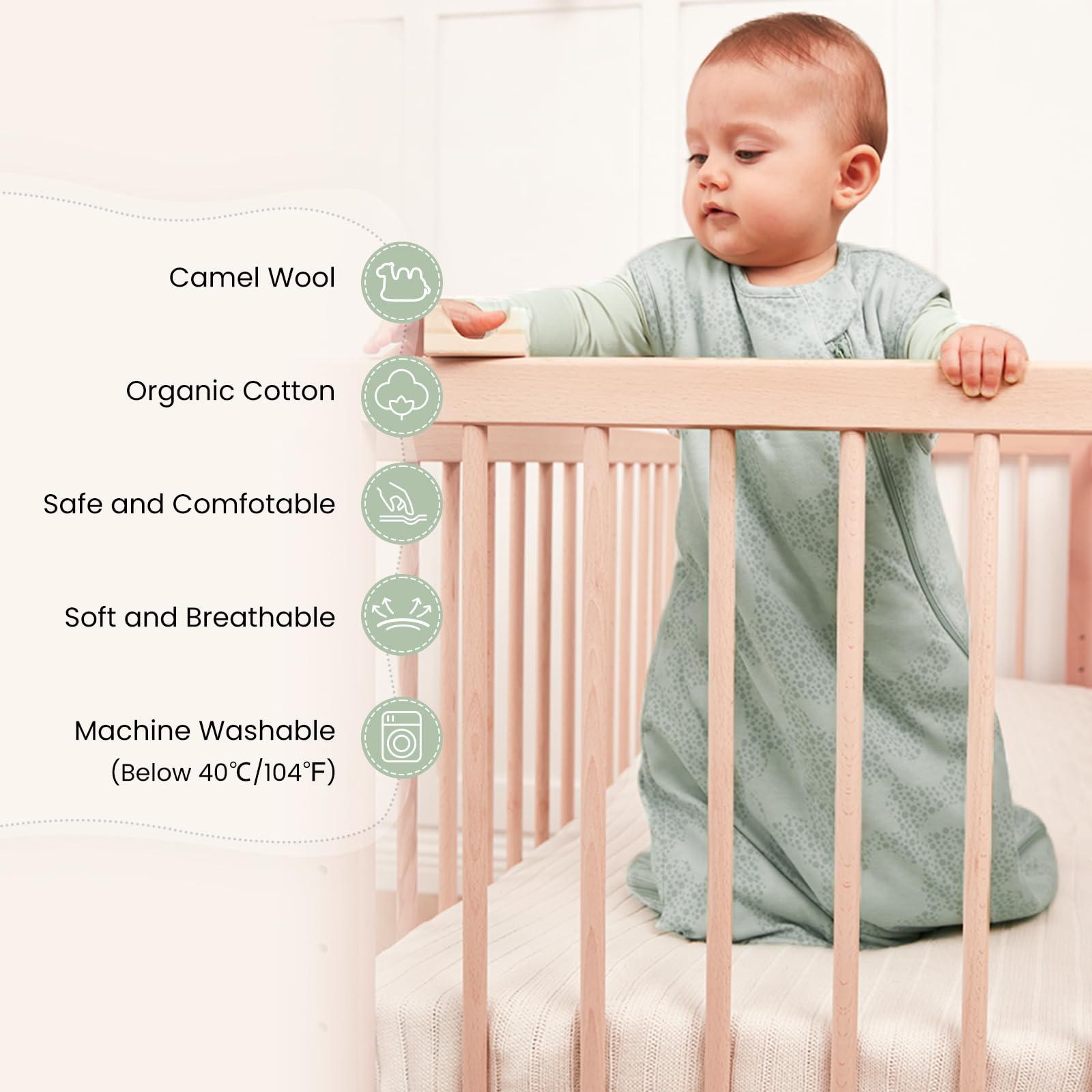 Kaiya Baby sleeping bag dual-zipper design enables easy night-time changes.