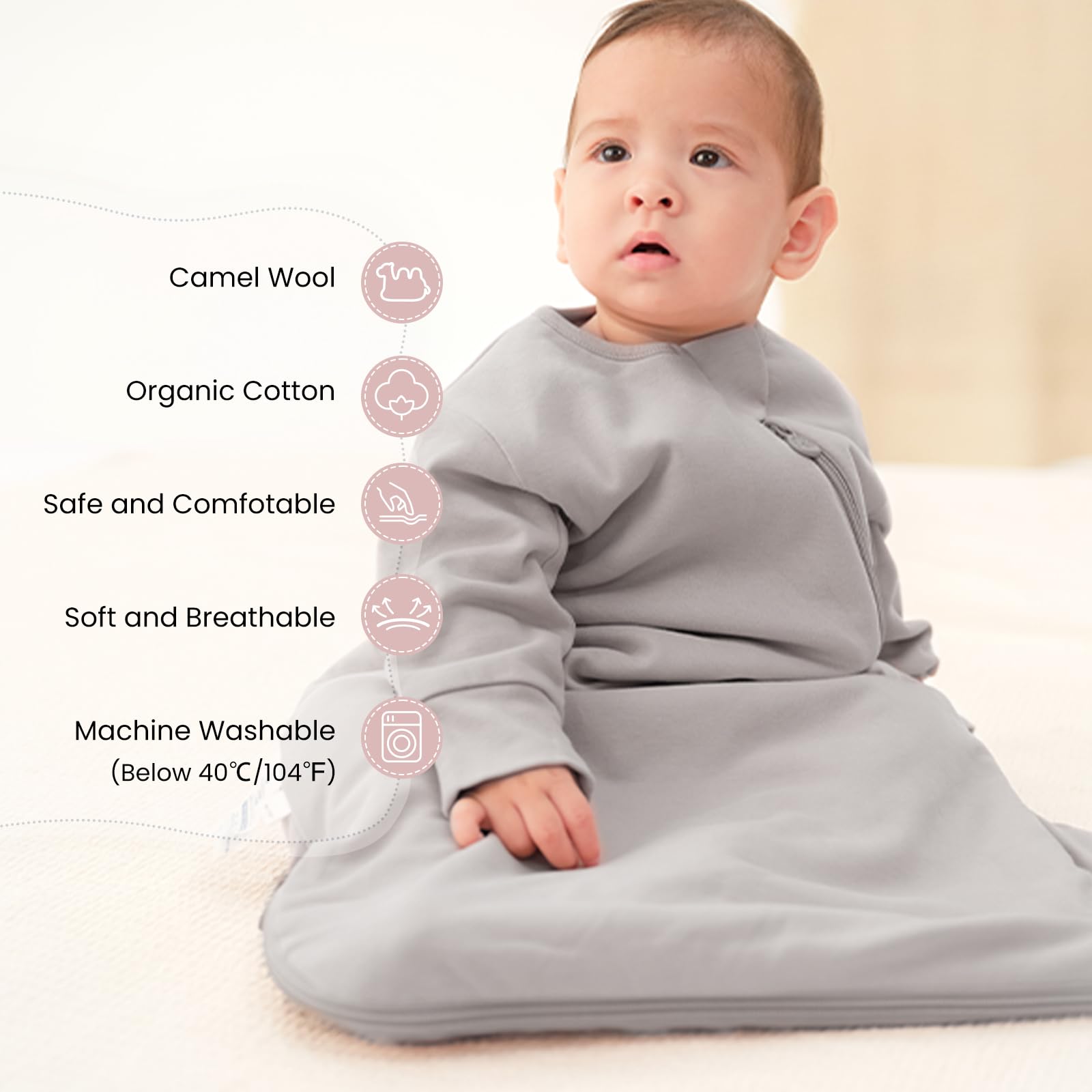 Kaiya Baby sleeping bag fabric close-up reveals soft organic cotton blend.