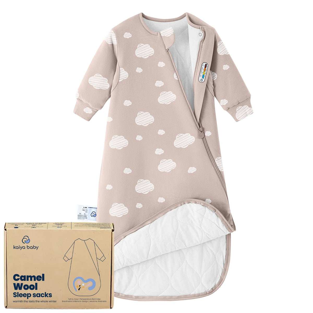 Kaiya Baby sleeping bag front view shows cozy warmth for 0-6 months.