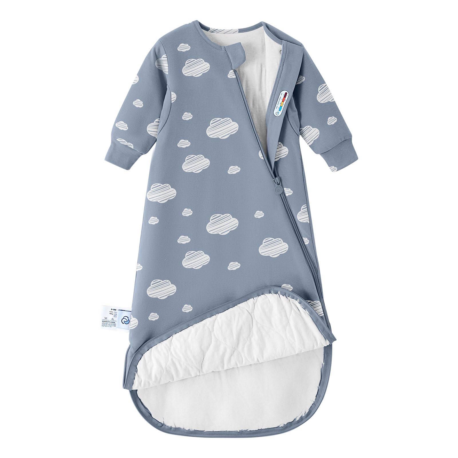 Kaiya Baby sleeping bag front view with sleeves offering cozy warmth for infants
