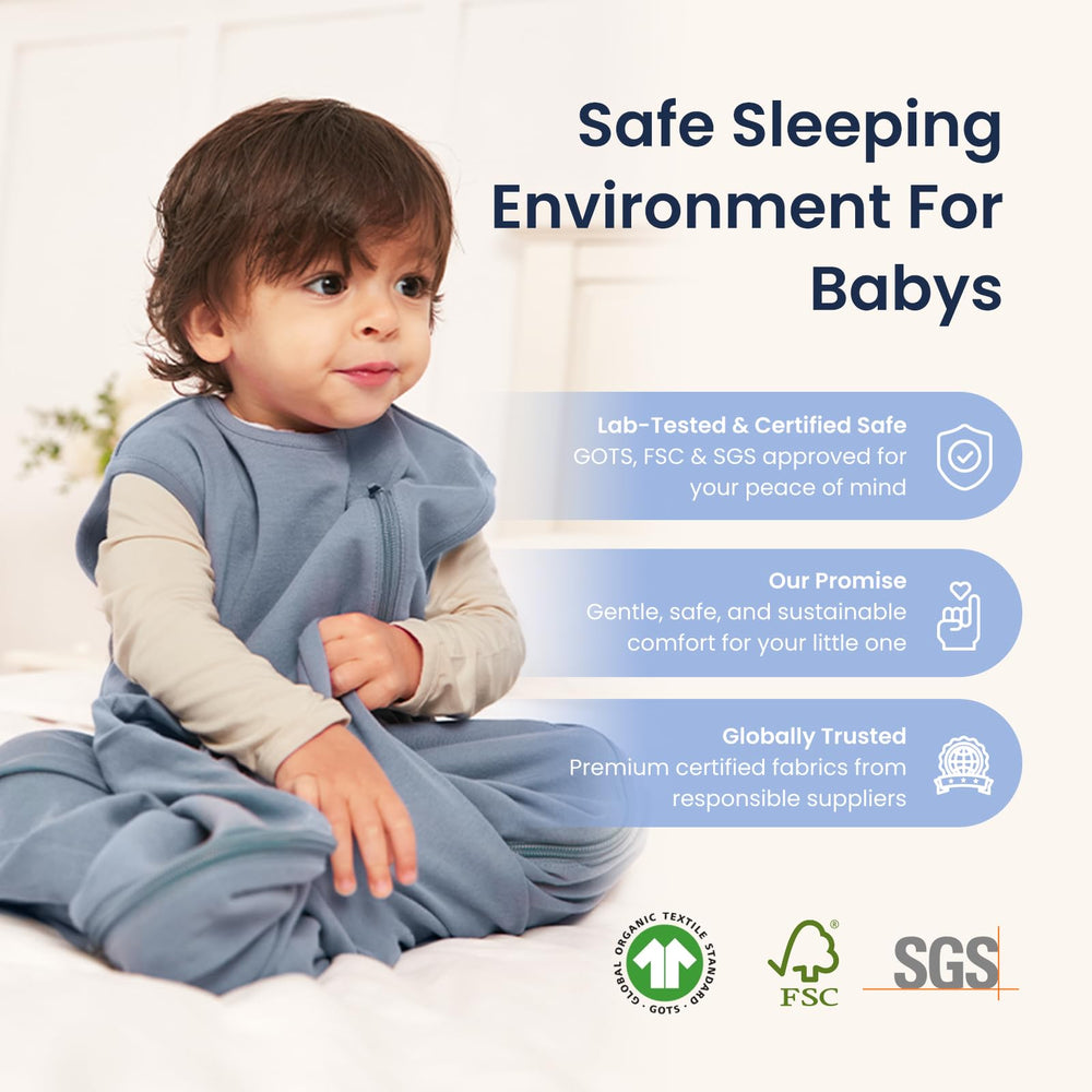 Kaiya Baby sleeping bag worn by baby in wearable blanket setup.