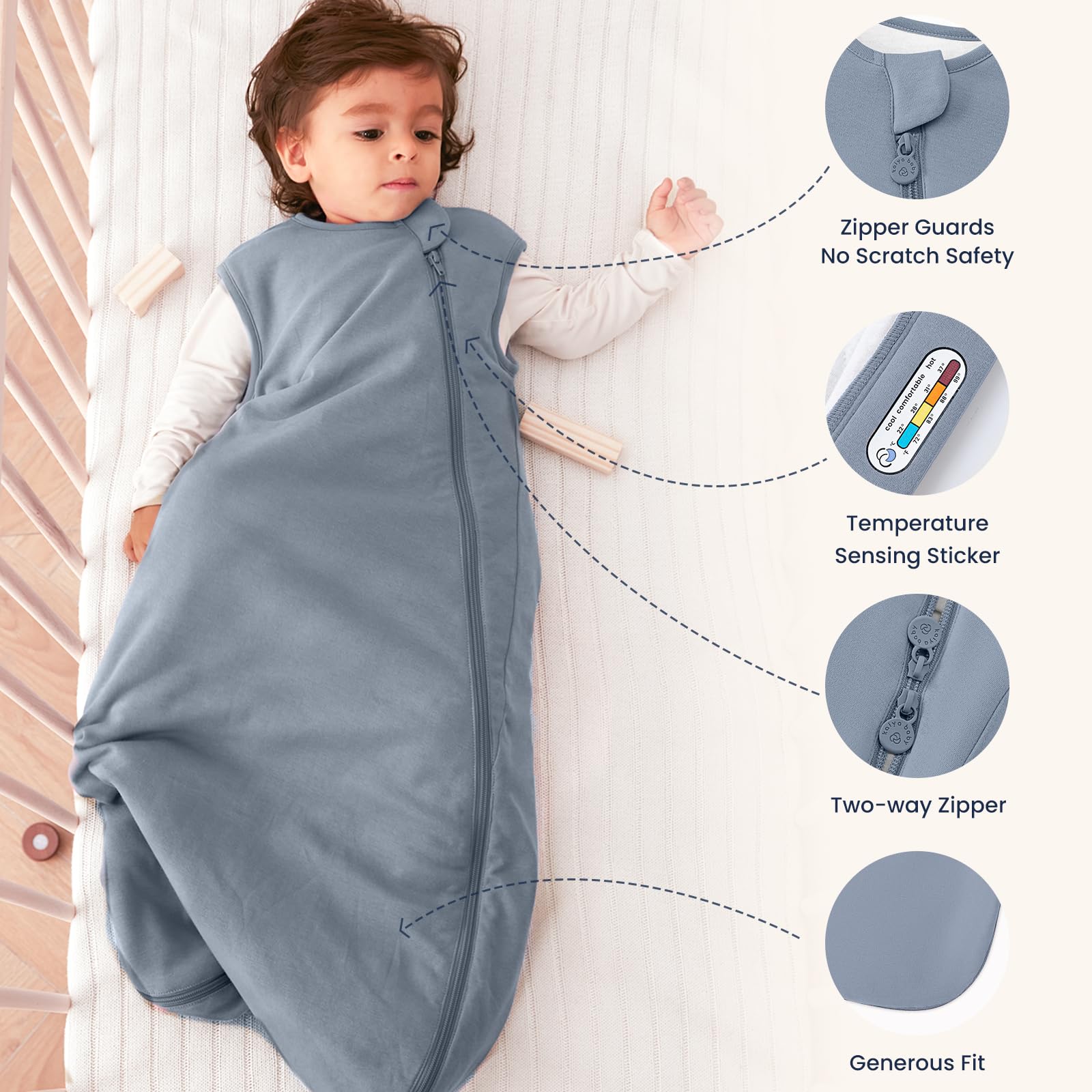 Kaiya Baby sleeping bag secure neckline closeup prevents slips.