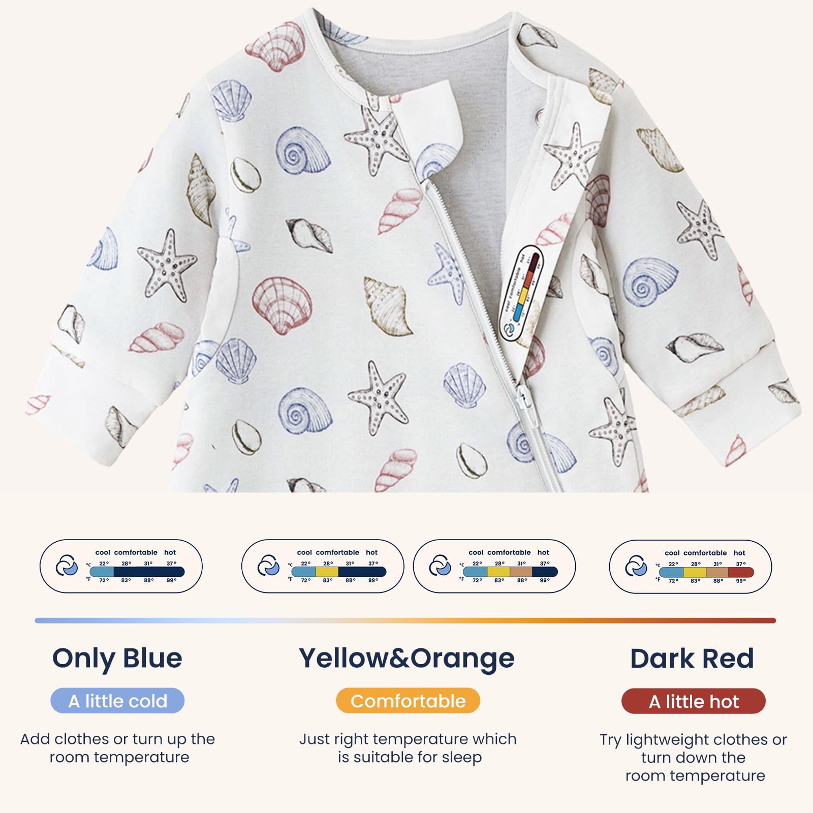 Kaiya Baby sleeping bag size chart explaining S M L options