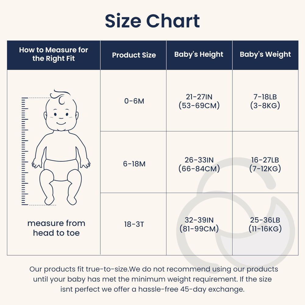 Kaiya Baby sleeping bag size chart showing 0 6 18 36 months
